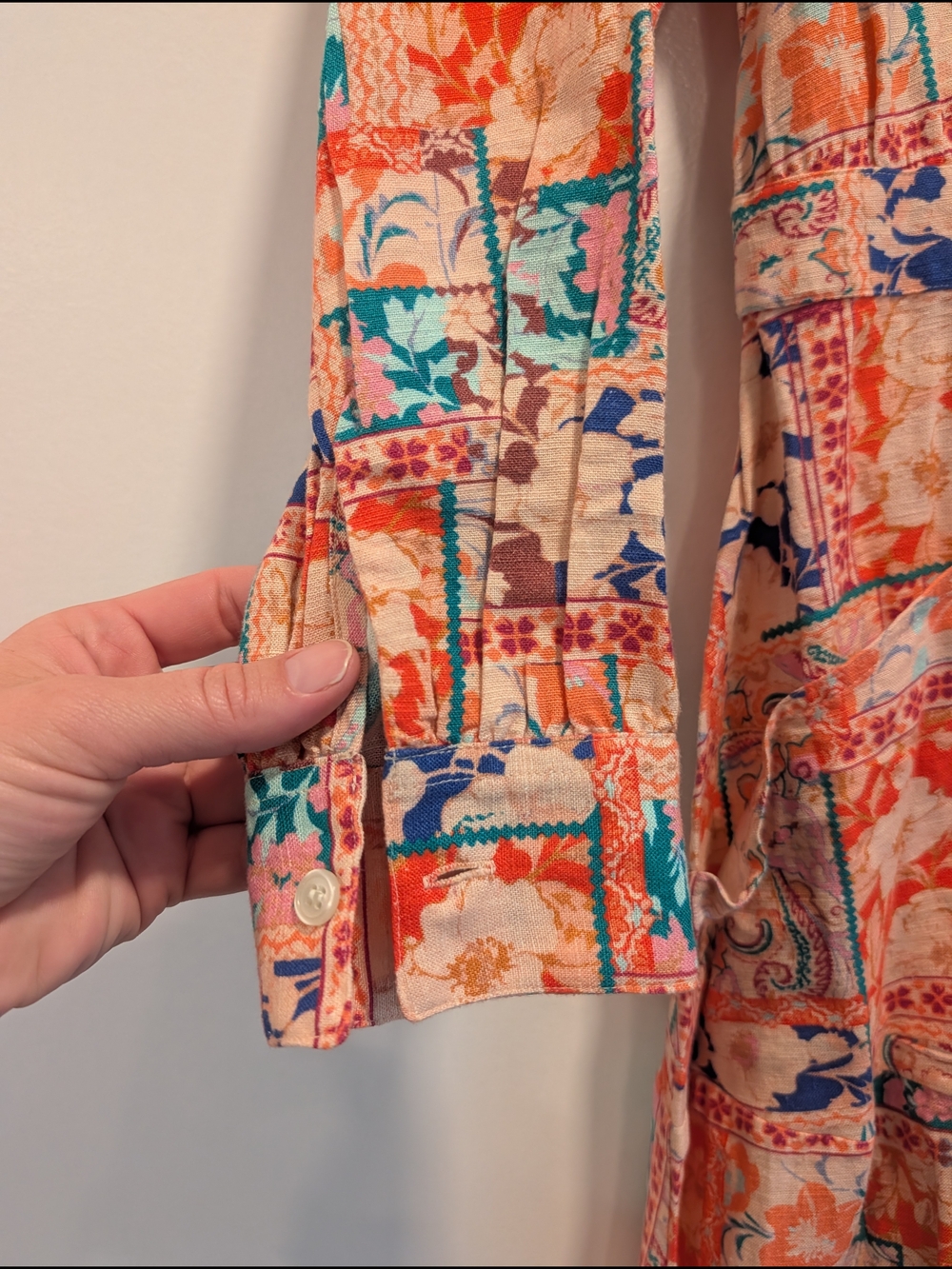 VENUS Women's Coral Floral Patchwork Collared Shirt Dress Linen blend Size 4 - Picture 5 of 11